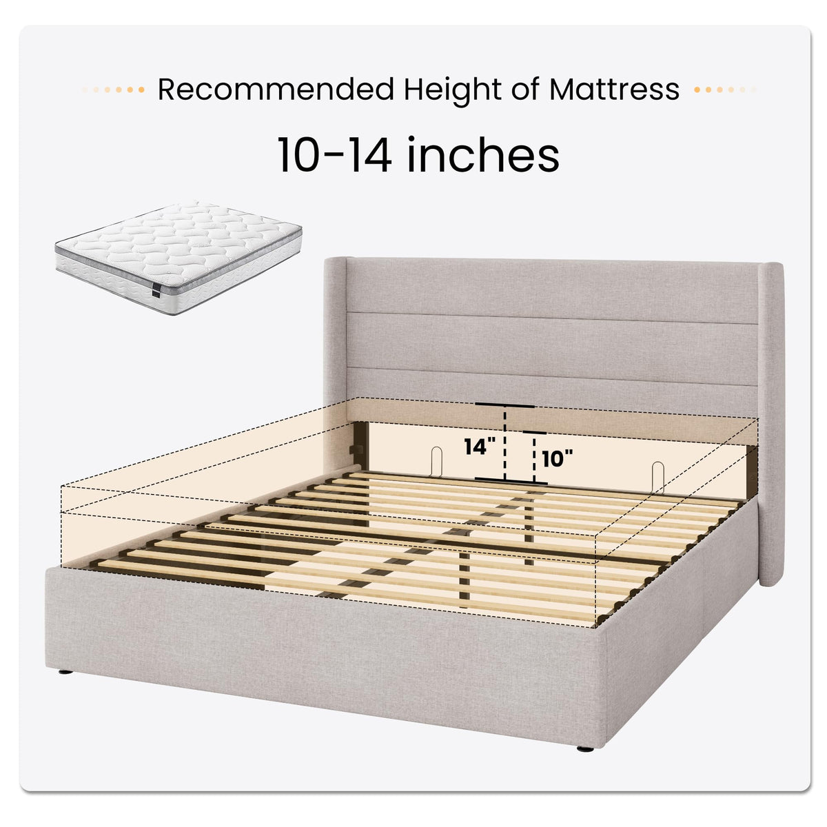 Queen Size Lift Up Hydraulic Storage Bed Frame Light Beige Y3905