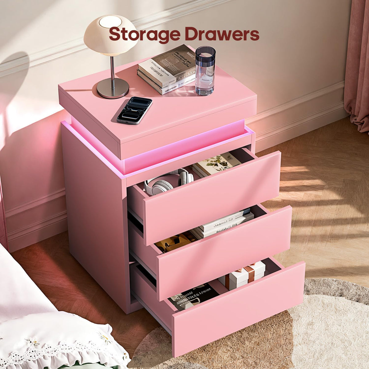 Pink Nightstand with Charging Station and LED Lights C2061