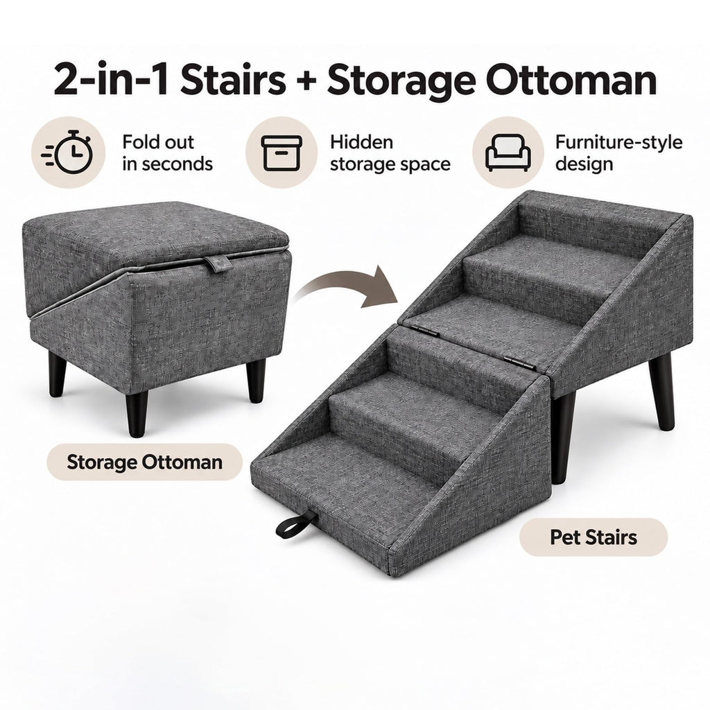Foldable Dog Stairs Ottoman 2 in 1 Pet Steps with Storage B465