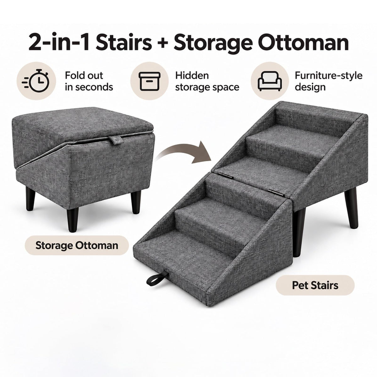Foldable Dog Stairs Ottoman 2 in 1 Pet Steps with Storage B465