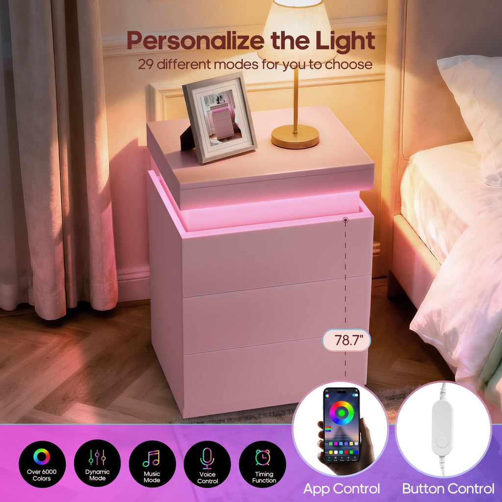 Pink Nightstand with Charging Station and LED Lights C2061
