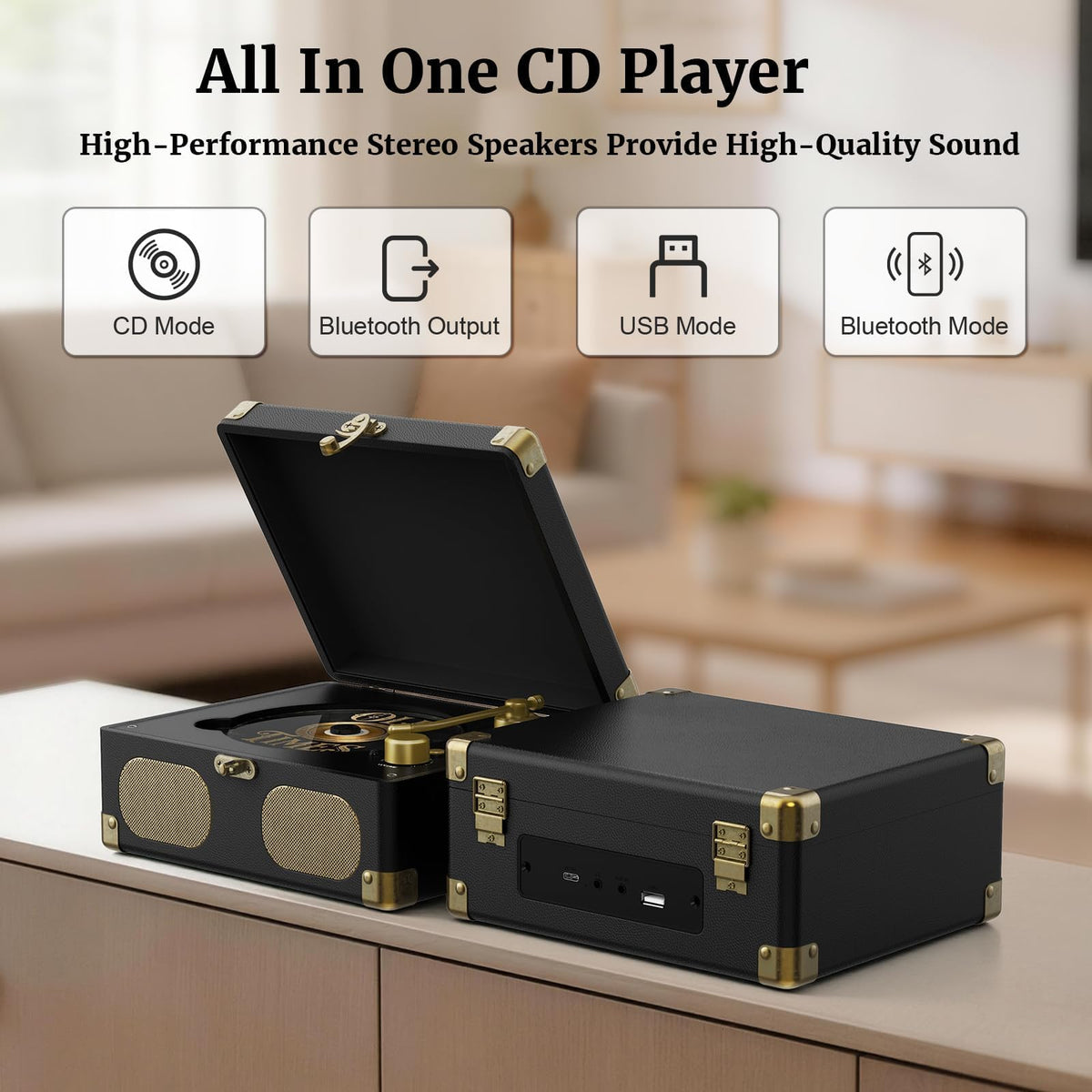 Black Portable CD Player with Speakers, Bluetooth, Remote Control, USB Playback N727