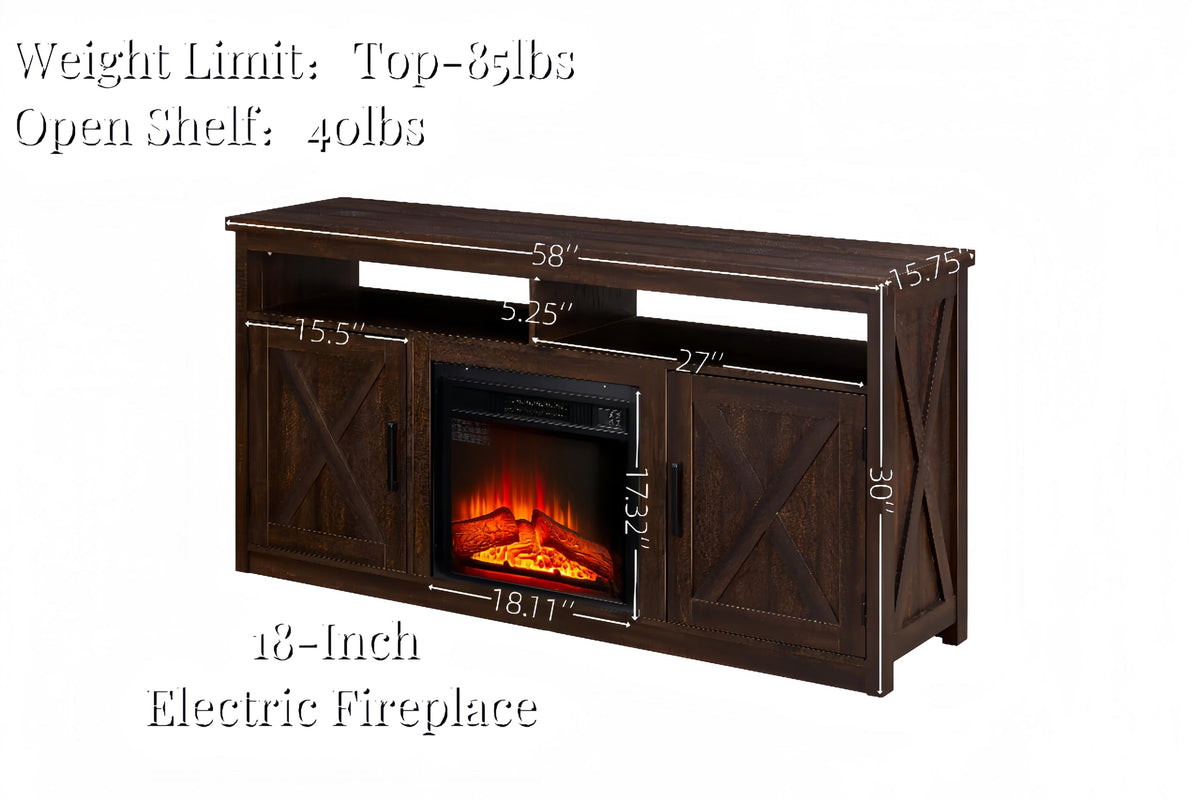 Farmhouse TV Media Stand with 18" Fireplace Insert and Cabinets, Espresso O541559