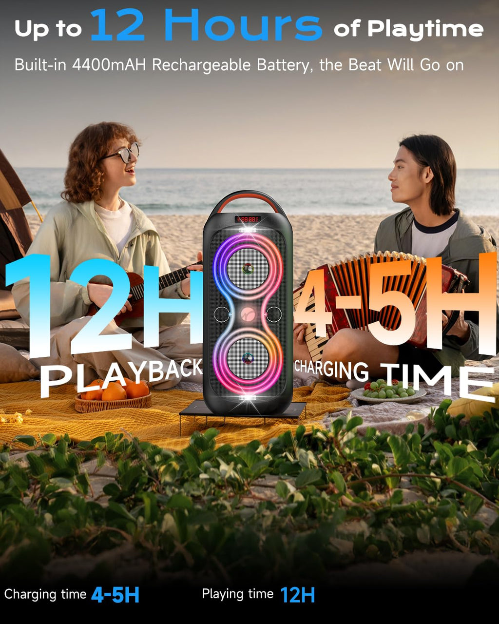 Party Bluetooth Speaker with Dual 4" Woofers, 60W Peak Power, 12H Playtime, Dynamic LED Lights, TWS, FM, AUX, USB, Mic Input, Portable Rechargeable Speaker for Indoor & Outdoor Events -Updated Version F26459
