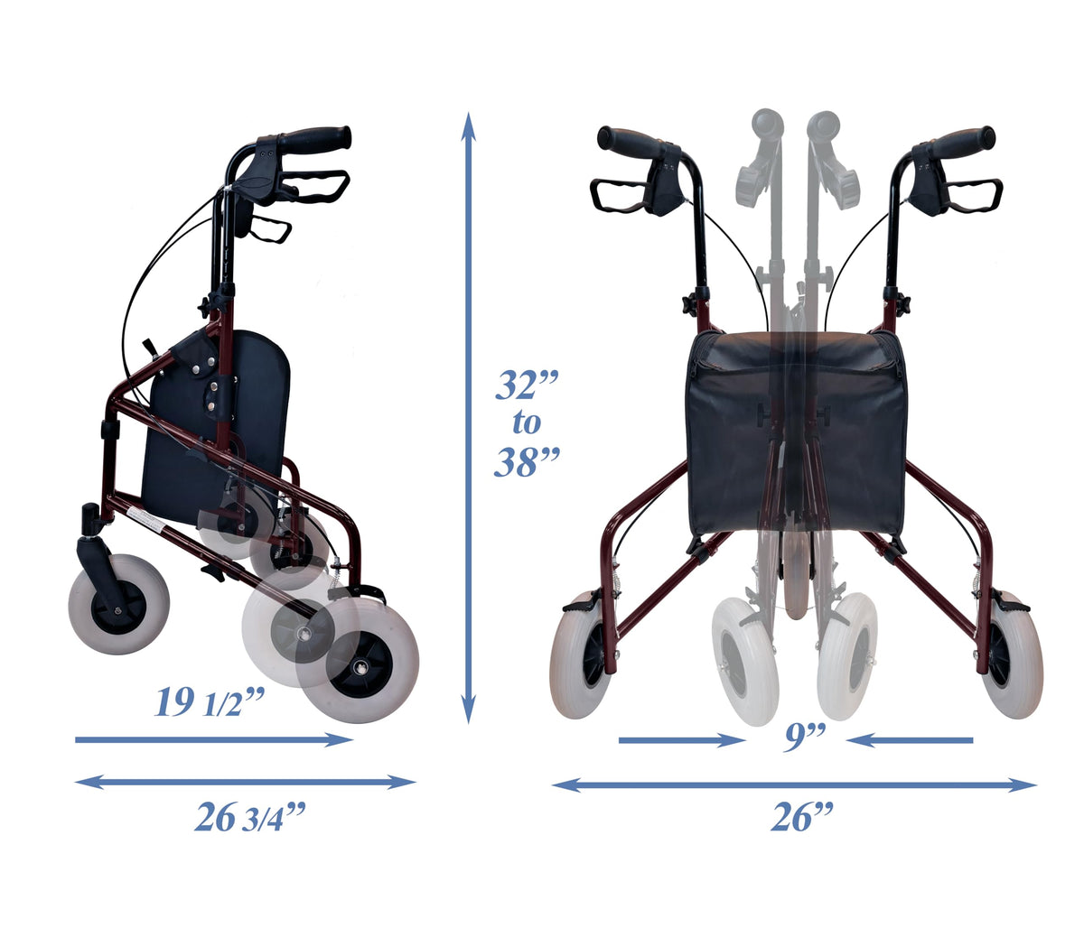 Lightweight Retractable 3 Wheel Walker with Balloon Tires P656