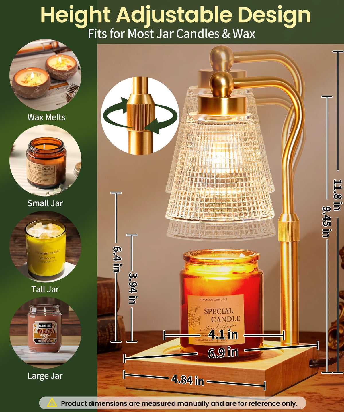Height Adjustable Candle Warmer Lamp with Timer, 3 Dimmable I272079