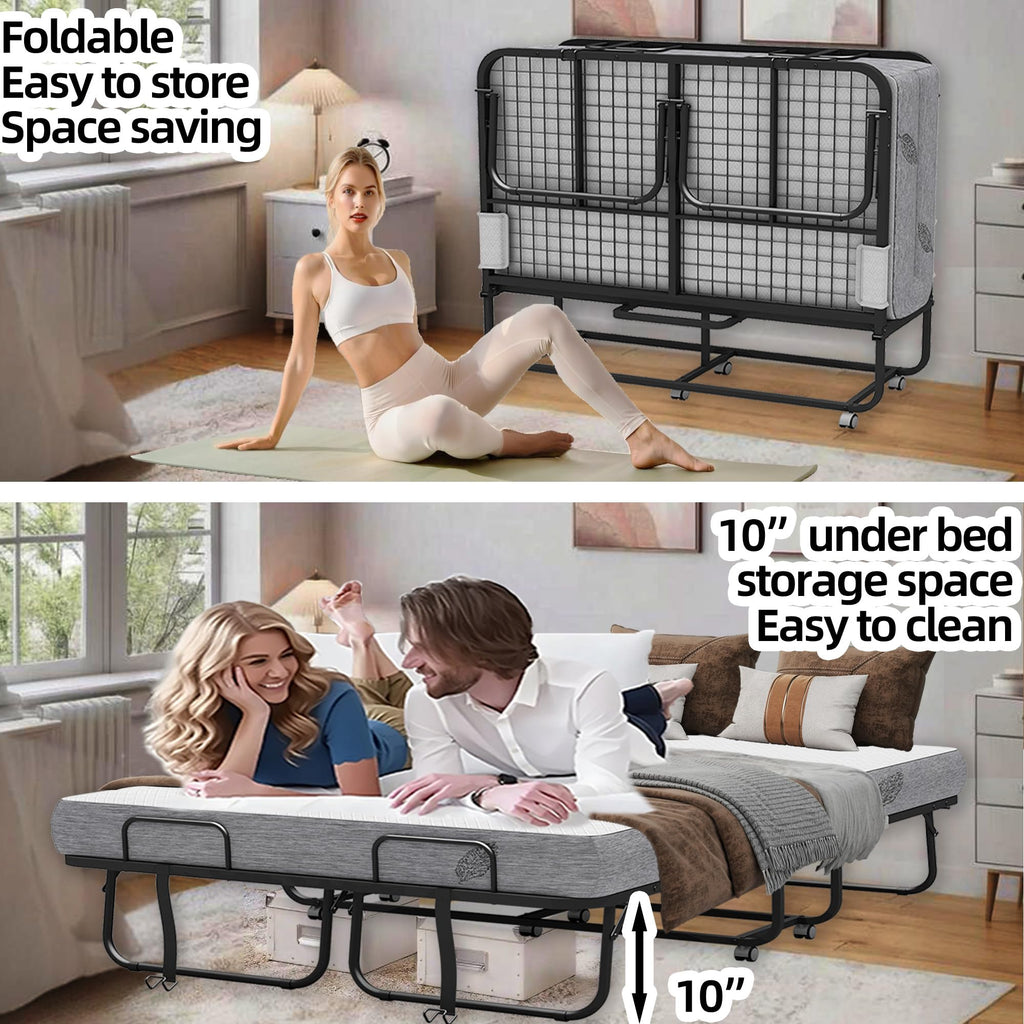 Folding Bed with Mattress Full Size 75 X 54 inch Memory Foam on Wheels R20959