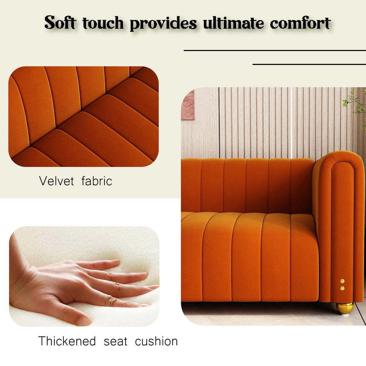 81" Orange Velvet Tufted Sofa 3 Seater with Metal Legs I4388