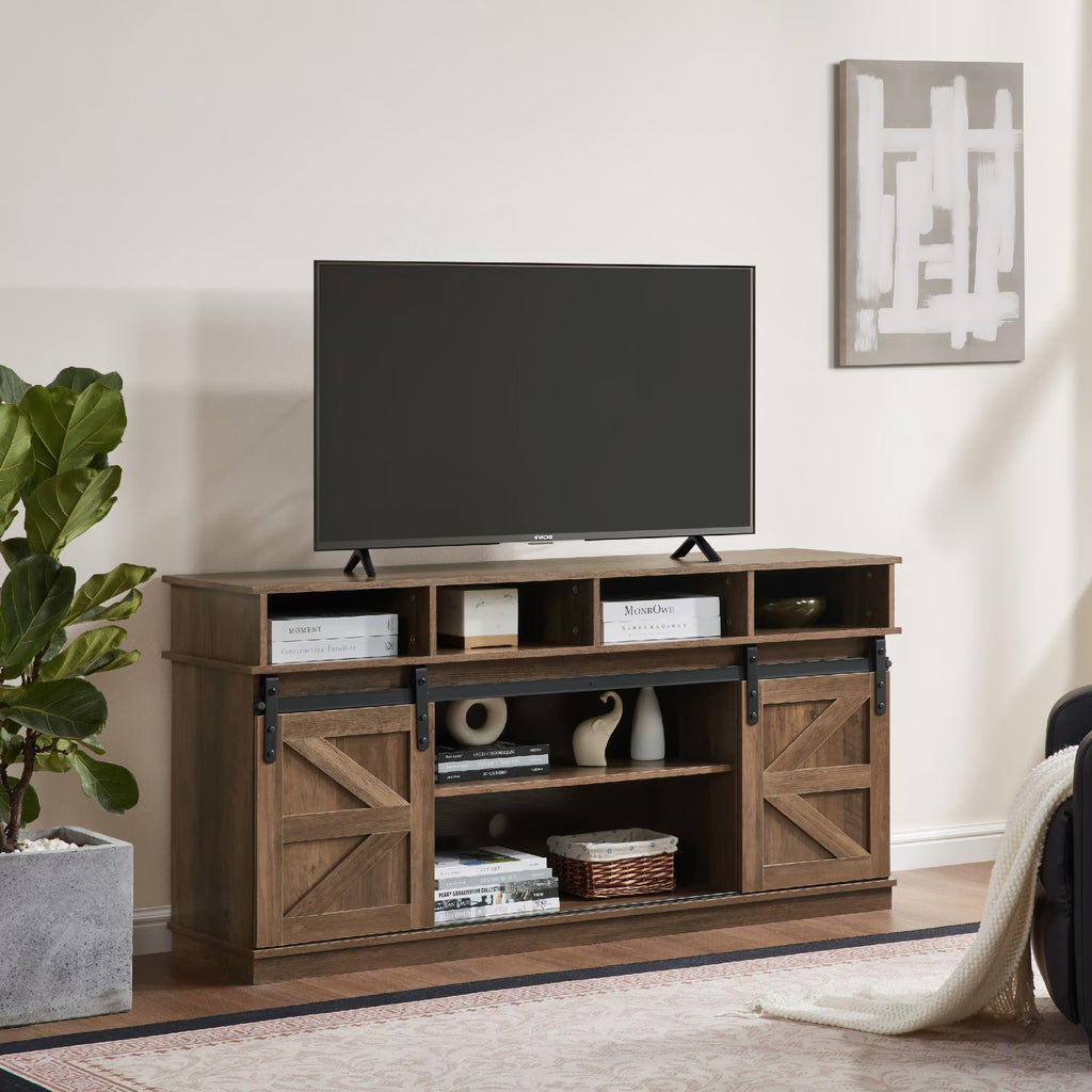 Farmhouse Wood TV Stand with Sliding Barn Doors C50331