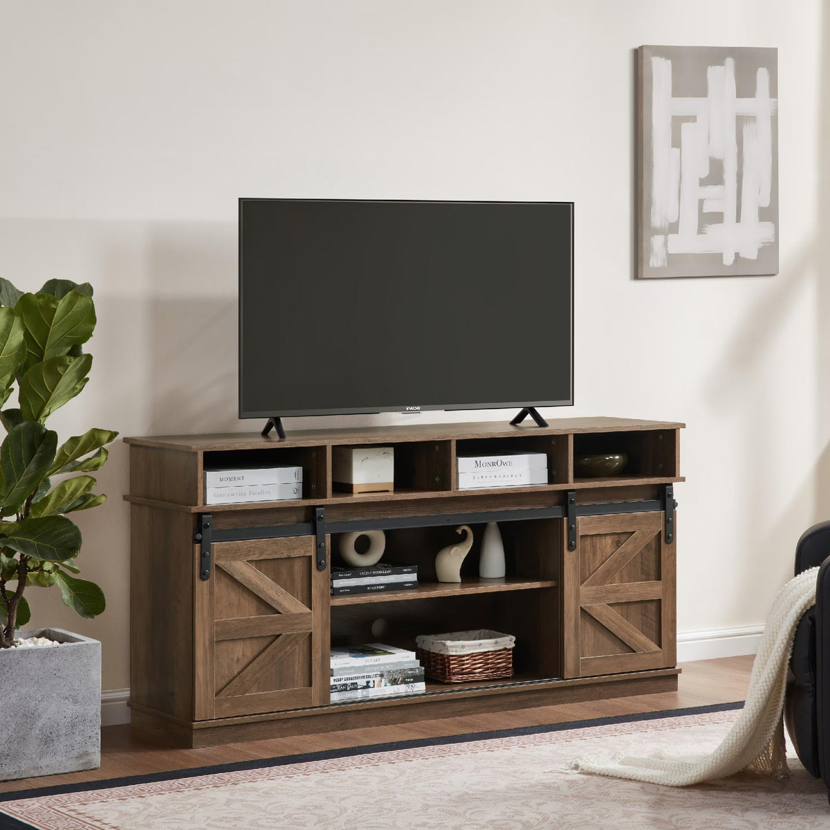 Farmhouse Wood TV Stand with Sliding Barn Doors C50331