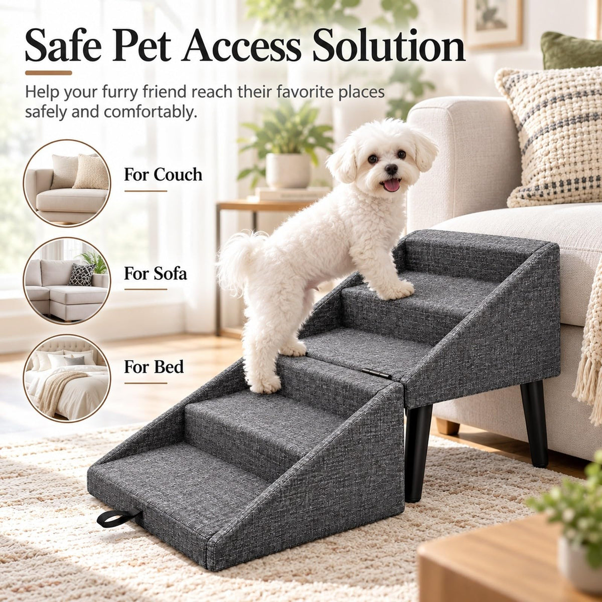Foldable Dog Stairs Ottoman 2 in 1 Pet Steps with Storage B465