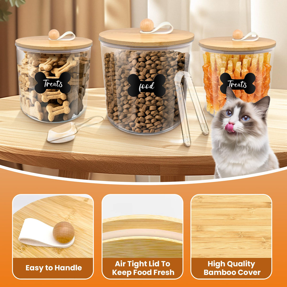 3 Pack Airtight Dog Food Storage Container with Bamboo Lids D83991