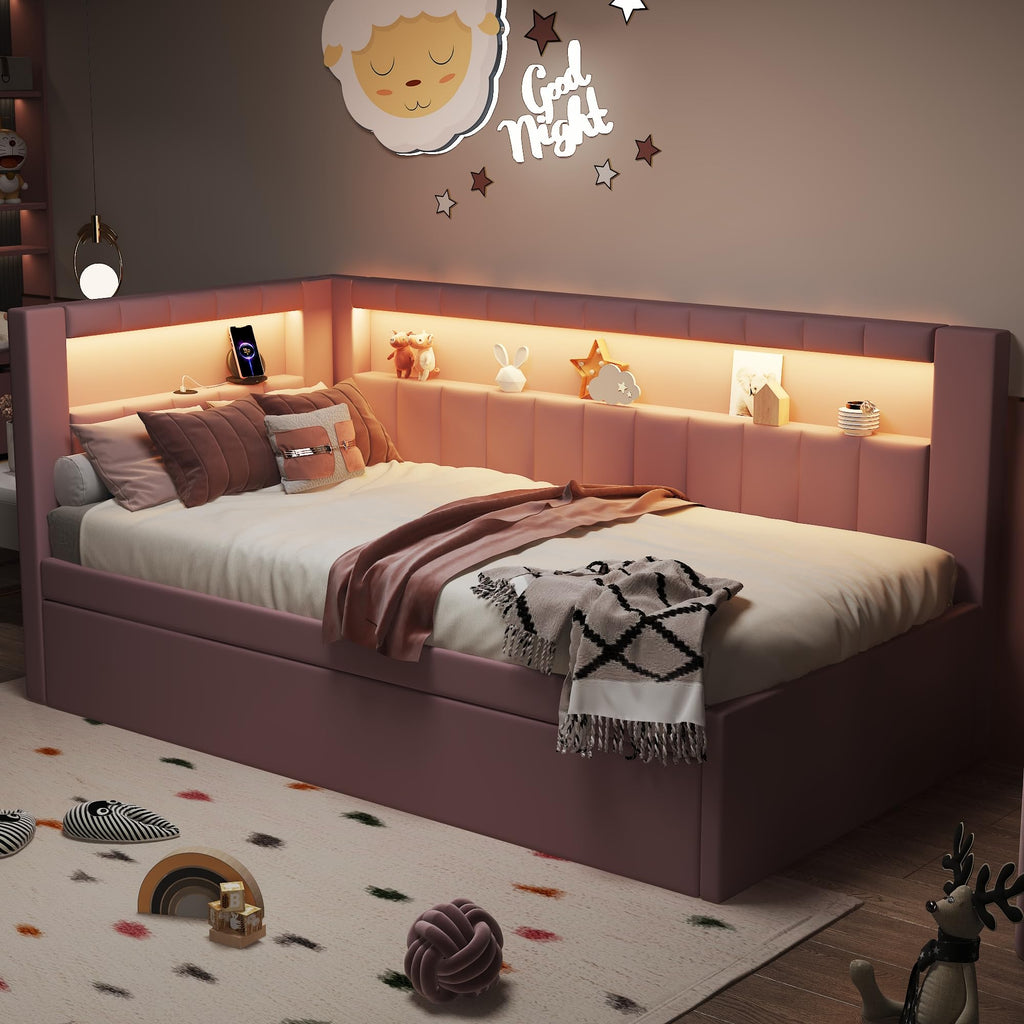 Twin Size Upholstered Platform Bed with Trundle and USB Ports H569762