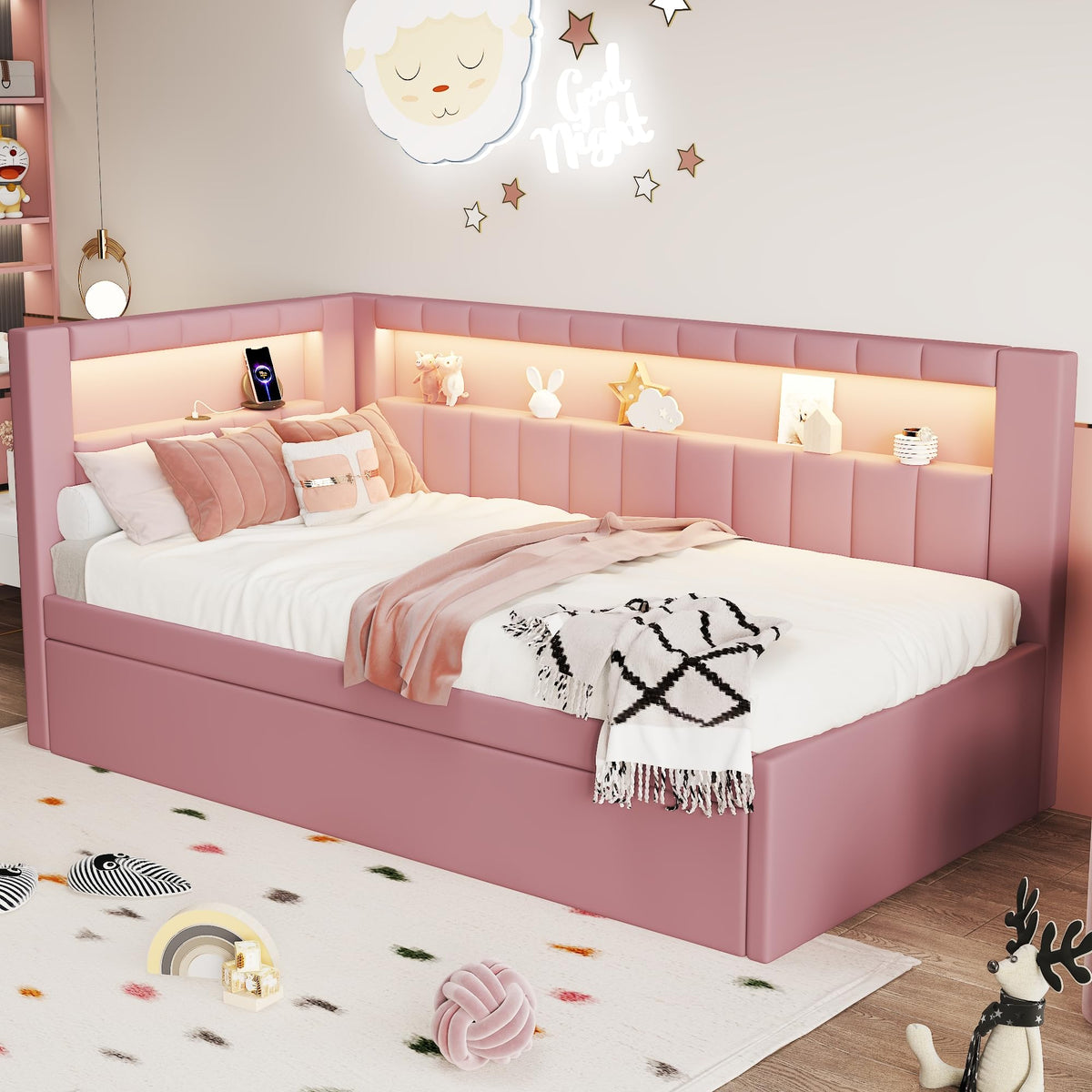 Twin Size Upholstered Platform Bed with Trundle and USB Ports H569762