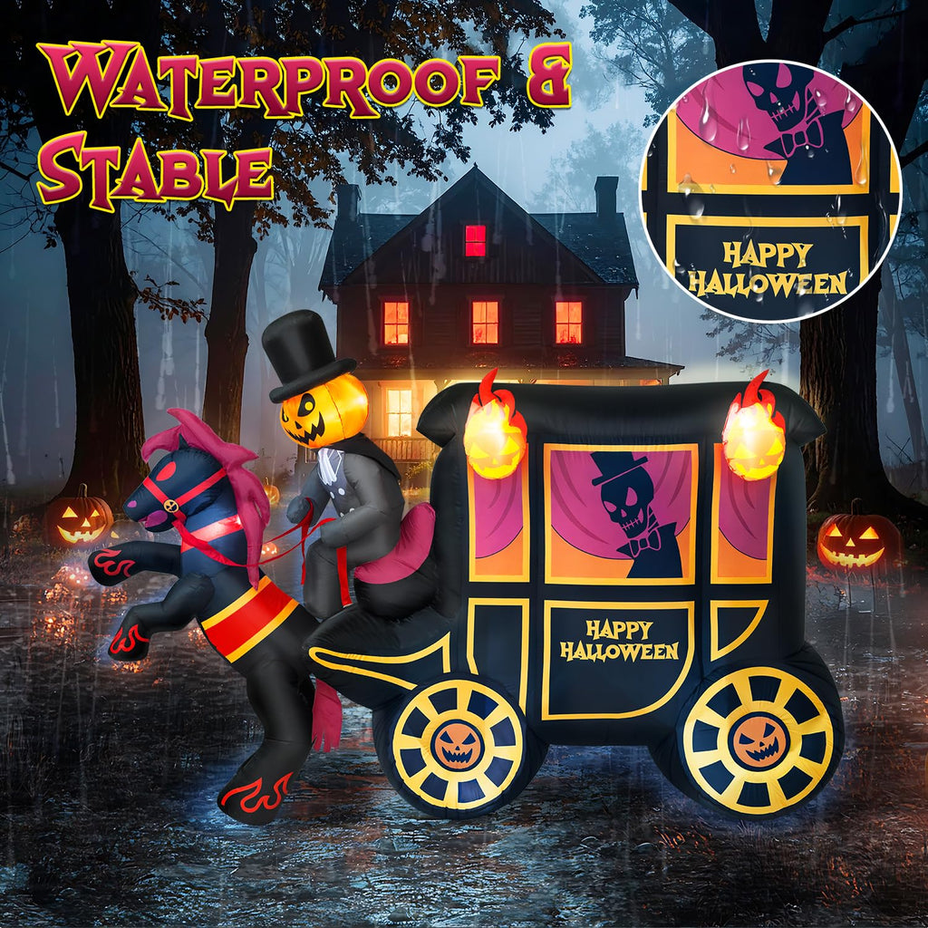 10FT Halloween Inflatable Pumpkin-Headed Horse Carriage with LED Light X4443