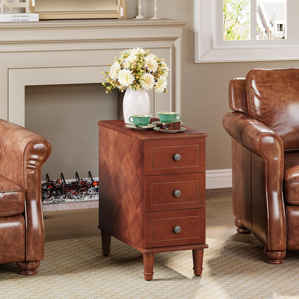 Fully Assembled Set of 2 Narrow 3 Drawer Brown End Table A395348