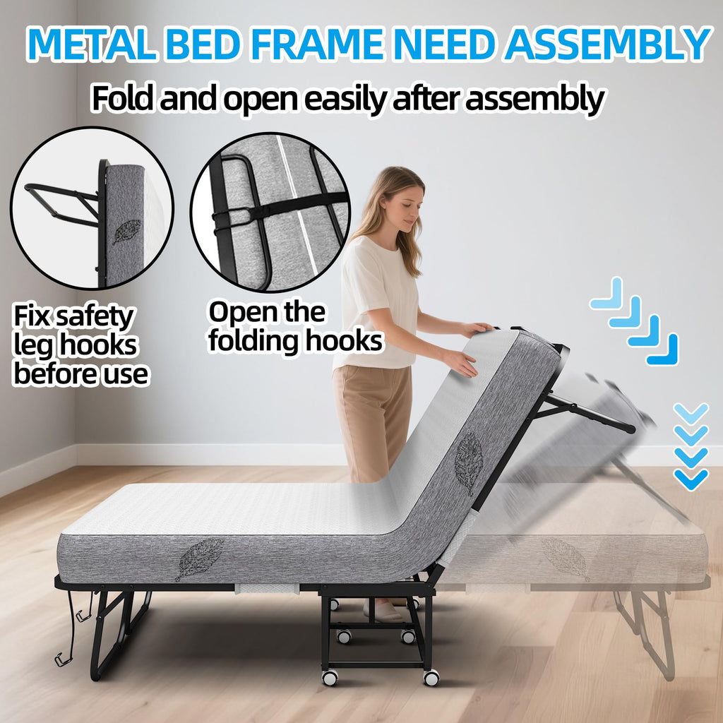 Folding Bed with Mattress Full Size 75 X 54 inch Memory Foam on Wheels R20959