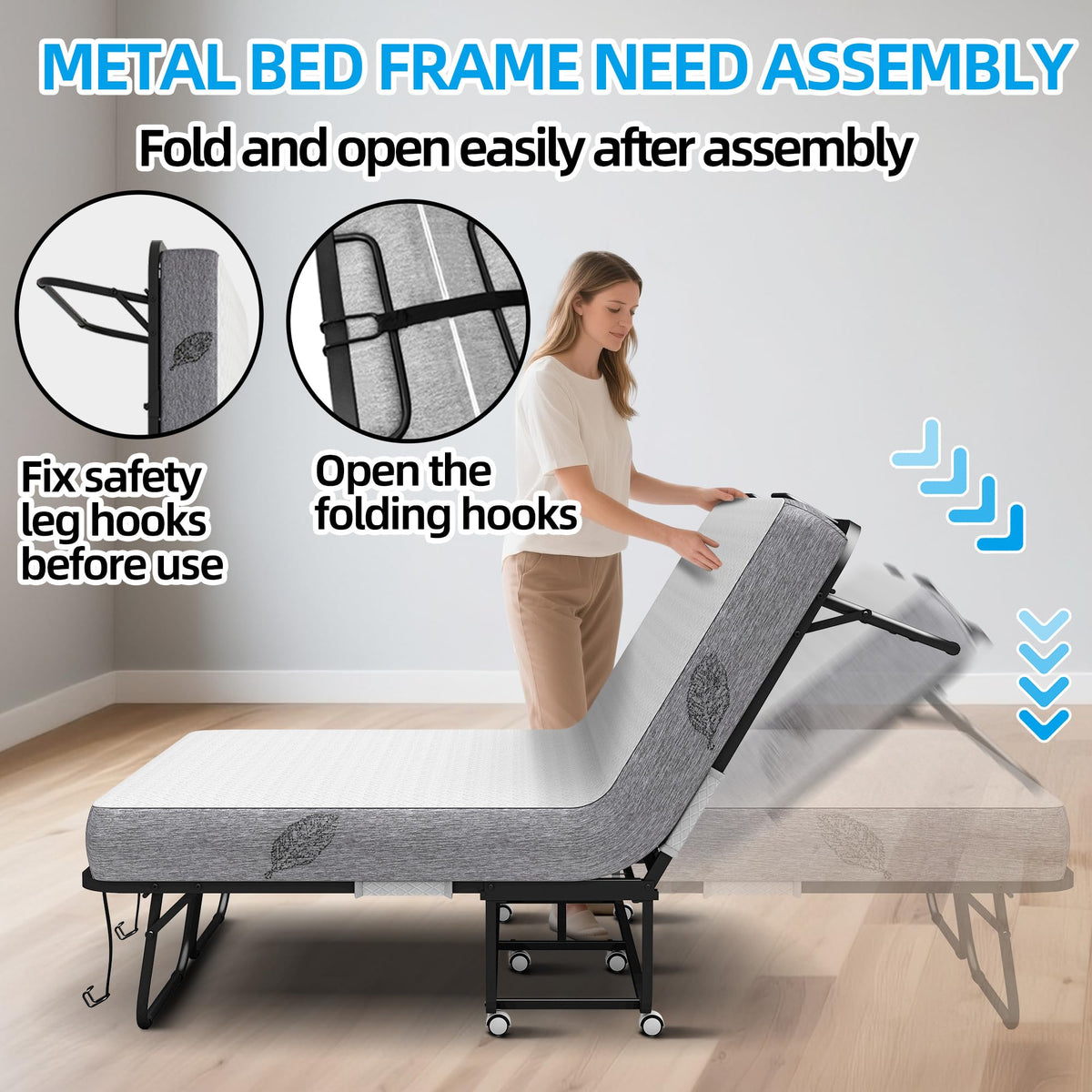 Folding Bed with Mattress Full Size 75 X 54 inch Memory Foam on Wheels R20959