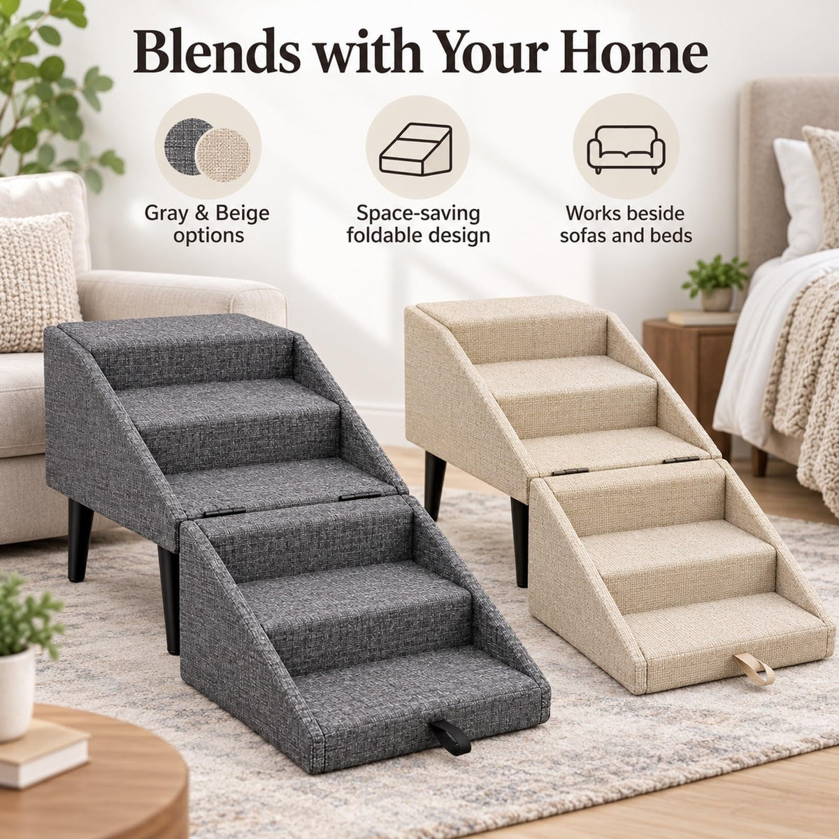 Foldable Dog Stairs Ottoman 2 in 1 Pet Steps with Storage B465