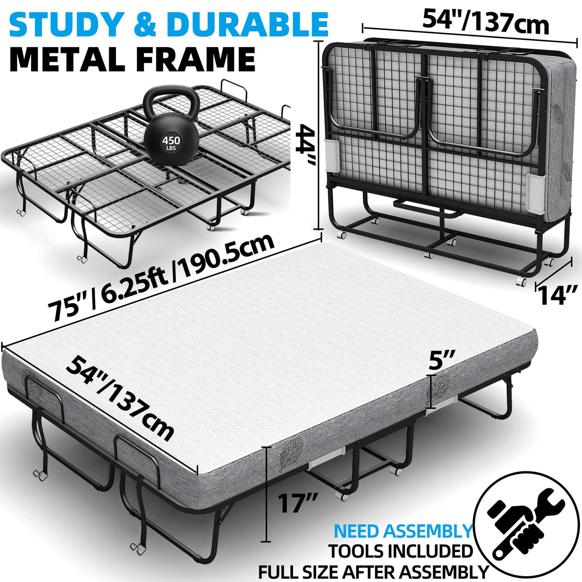 Folding Bed with Mattress Full Size 75 X 54 inch Memory Foam on Wheels R20959