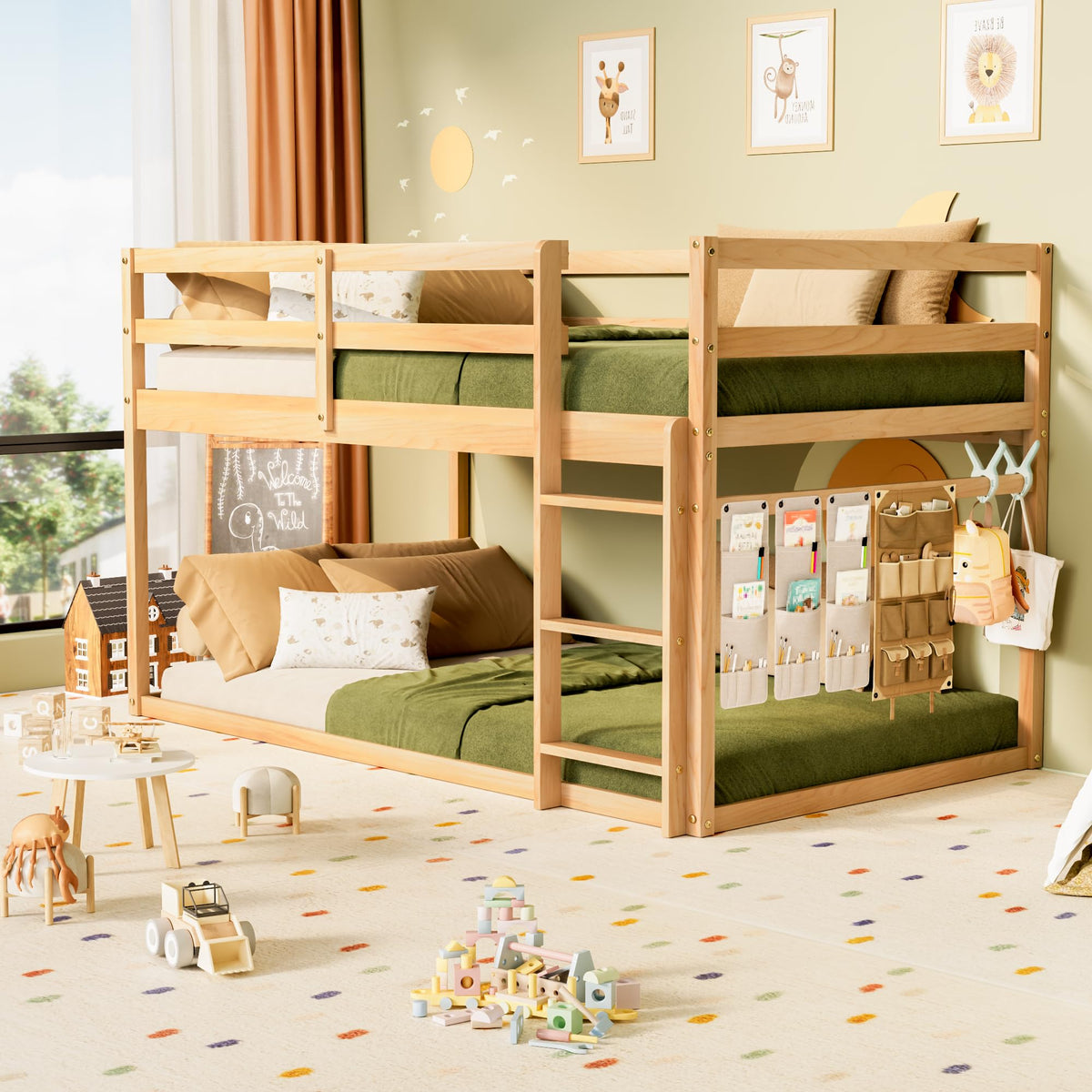 Twin Over Twin Low Bunk Bed with Ladder and Guardrails I8271
