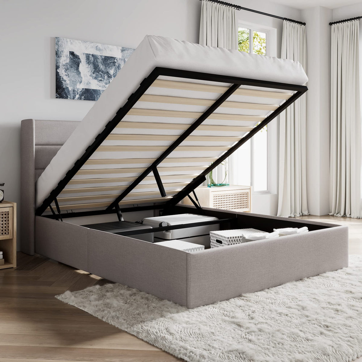 Queen Size Lift Up Hydraulic Storage Bed Frame Light Beige Y3905