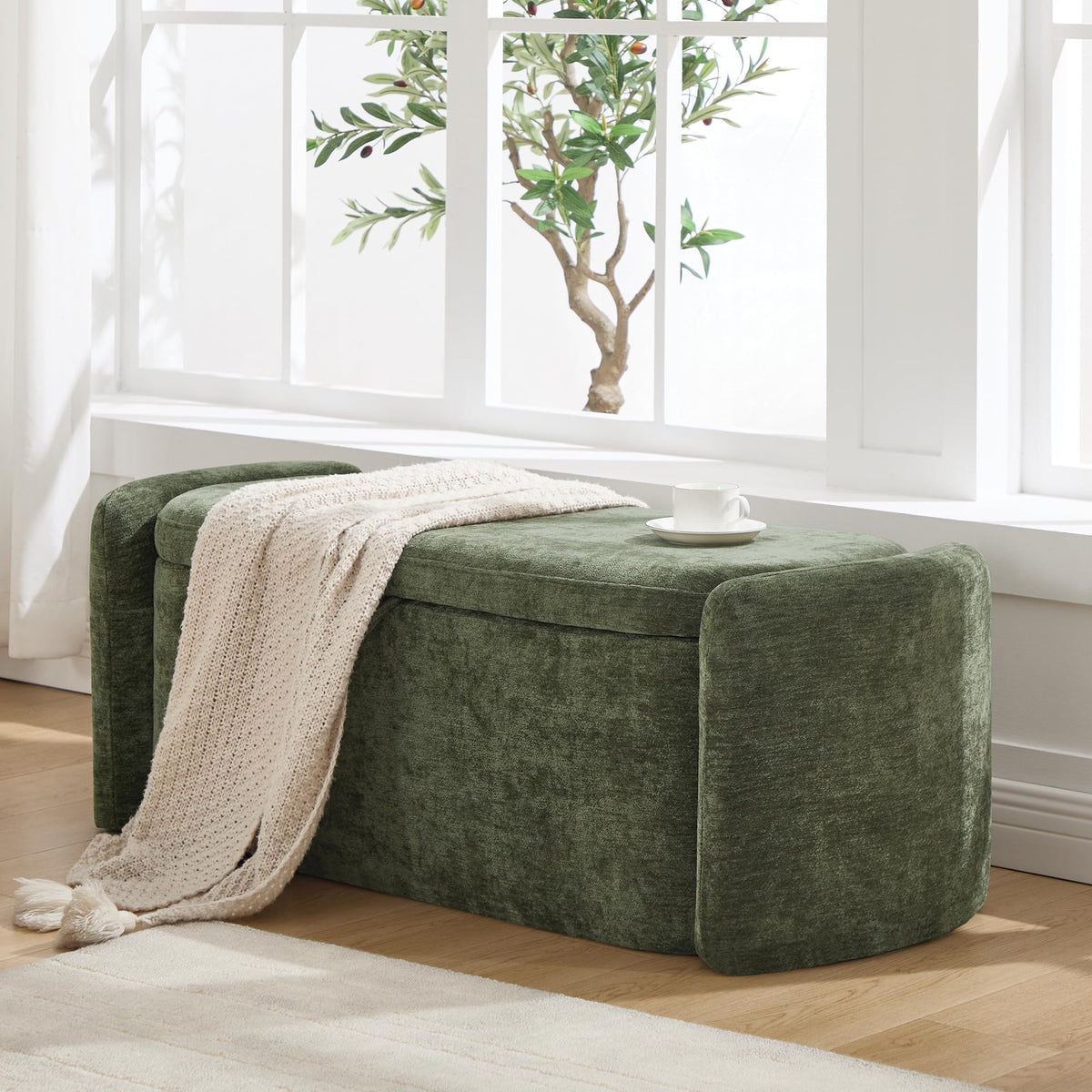 Green Chenille Upholstered Storage Ottoman Bench D664058