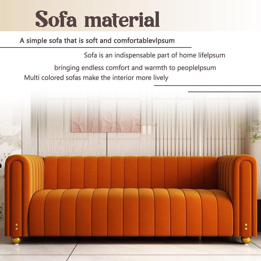 81" Orange Velvet Tufted Sofa 3 Seater with Metal Legs I4388