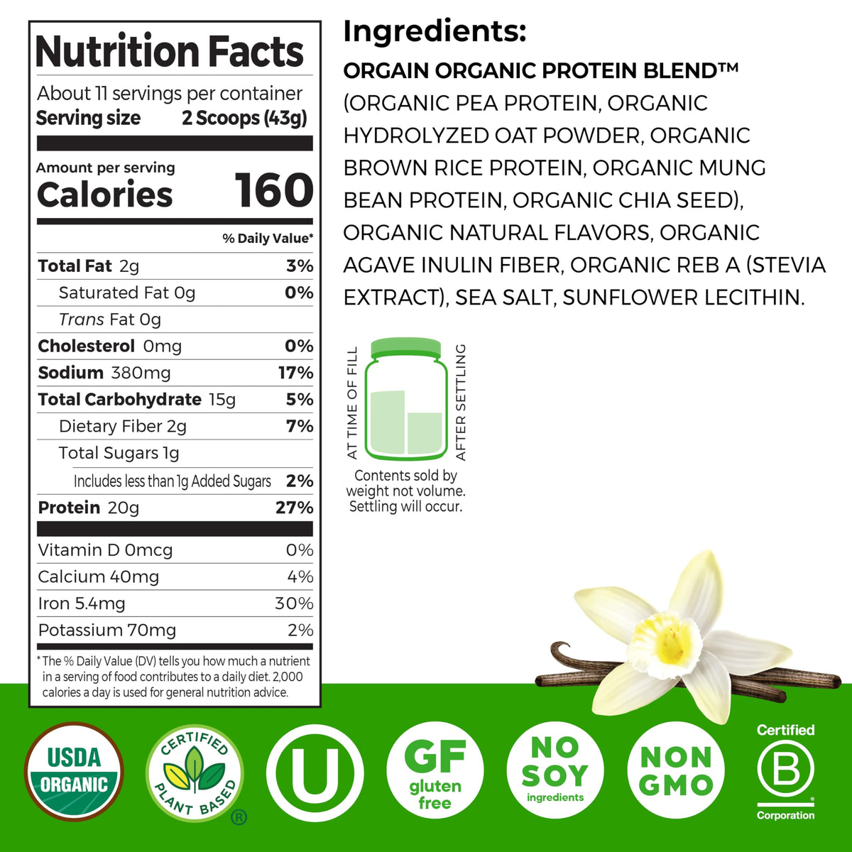Organic Vegan Protein Powder + Oat Milk, Vanilla Bean, 20g Plant Based Protein, 1.05lb L855