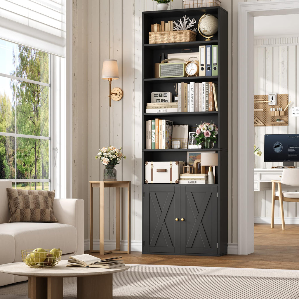 82" Tall Black Bookcase with Doors X830759
