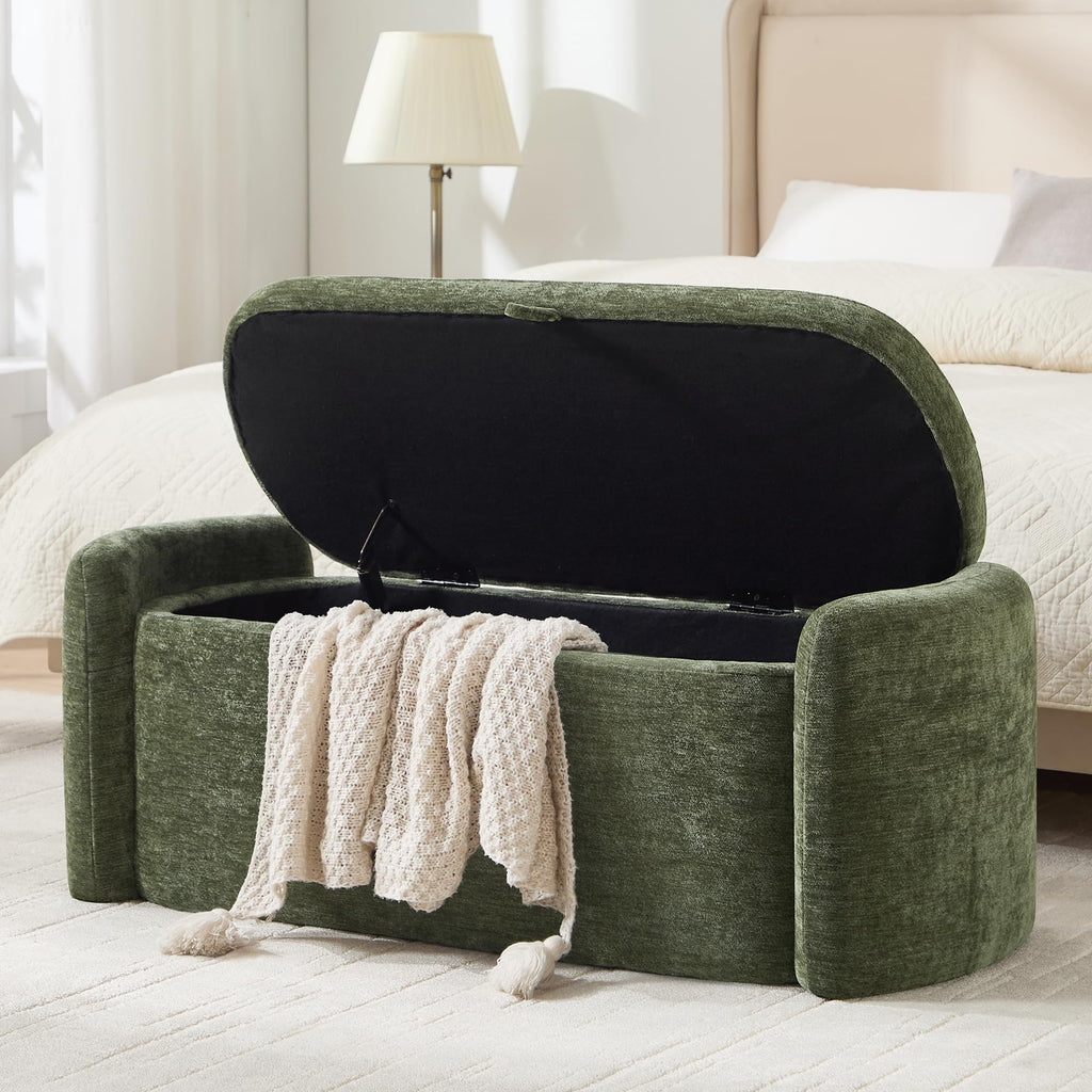 Green Chenille Upholstered Storage Ottoman Bench D664058