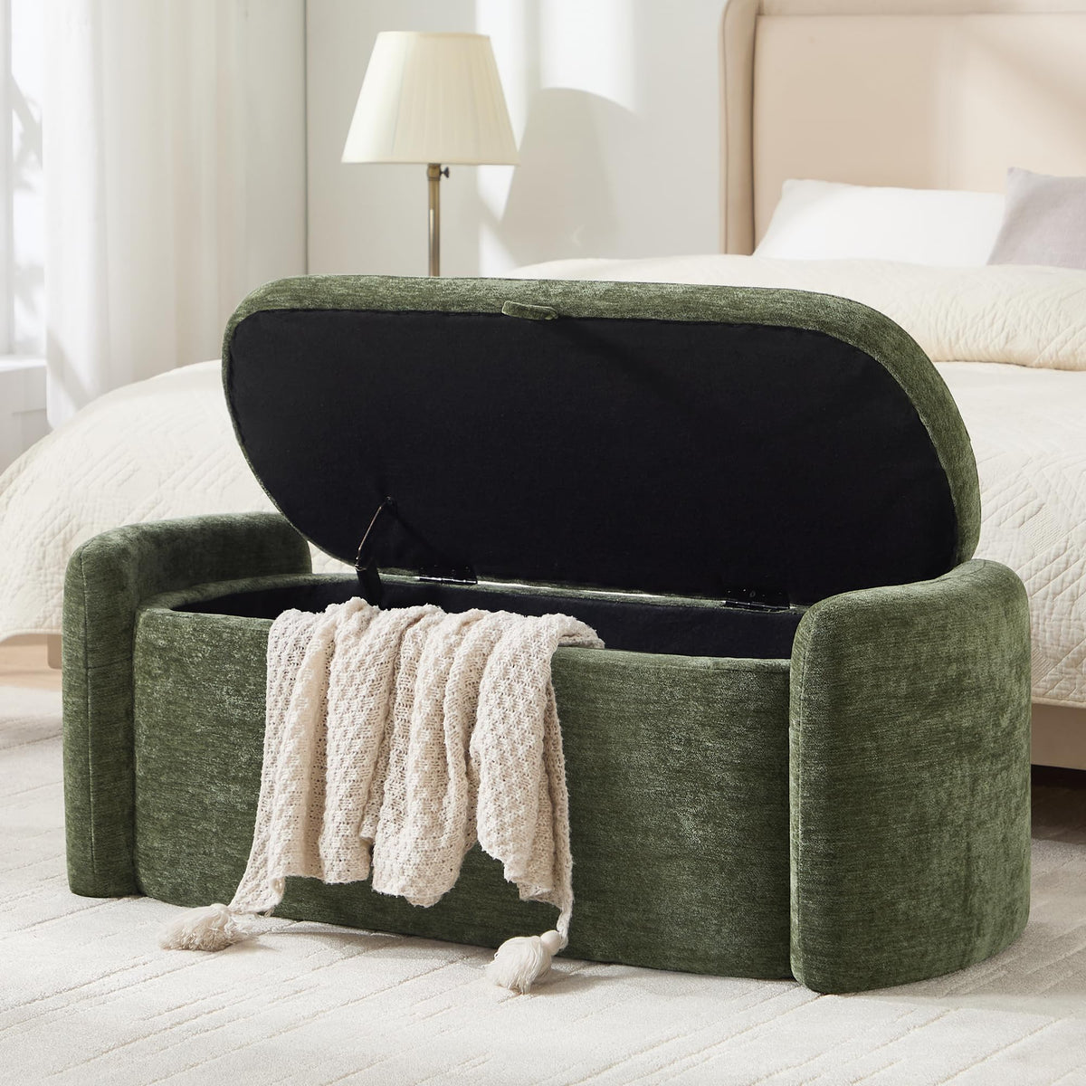 Green Chenille Upholstered Storage Ottoman Bench D664058