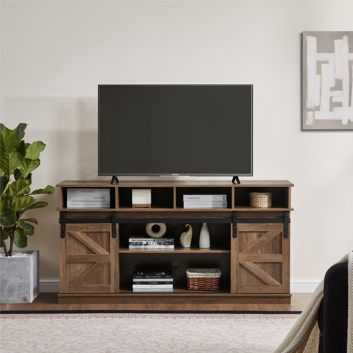 Farmhouse Wood TV Stand with Sliding Barn Doors C50331