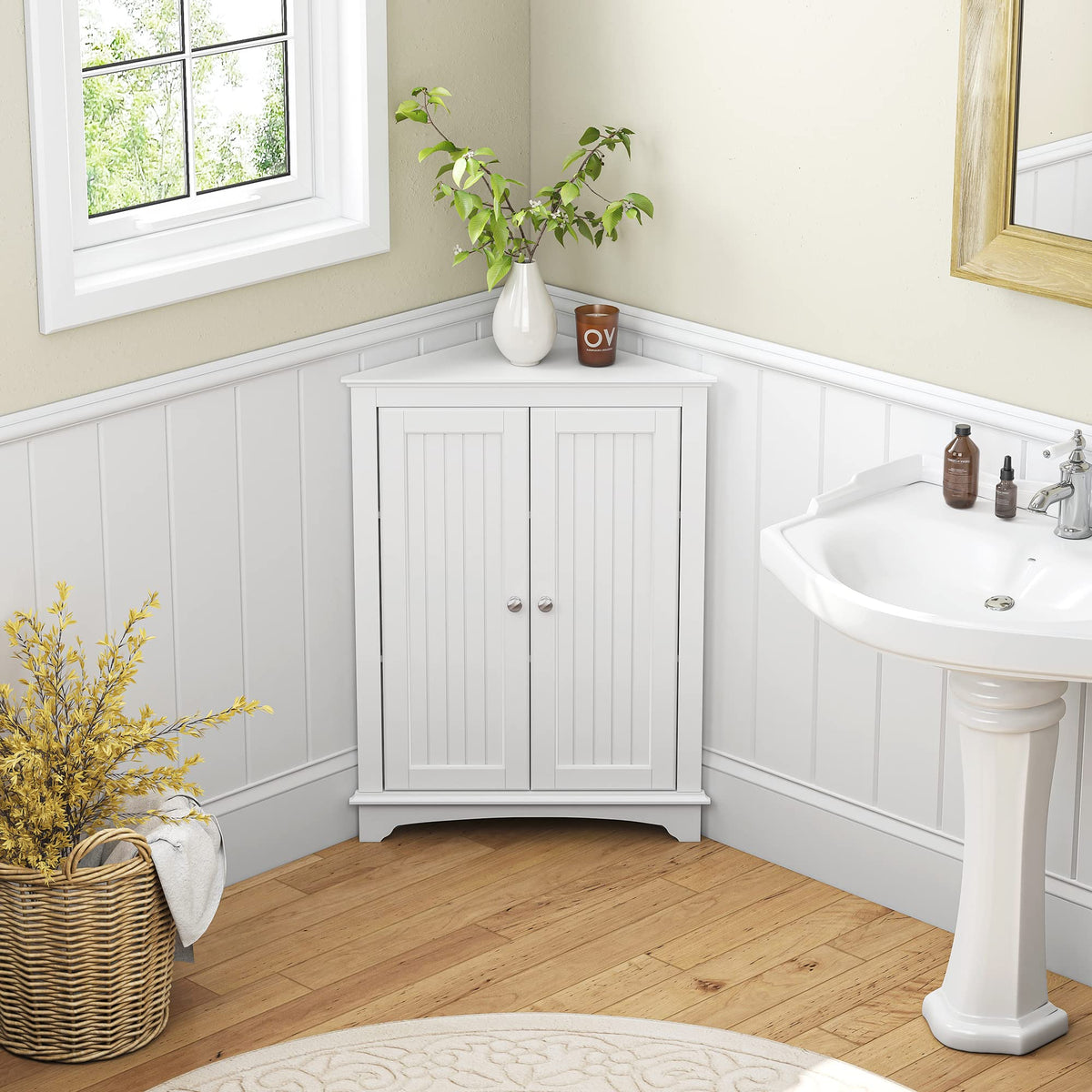 White Corner Bathroom Cabinet with Doors and Adjustable Shelf J711