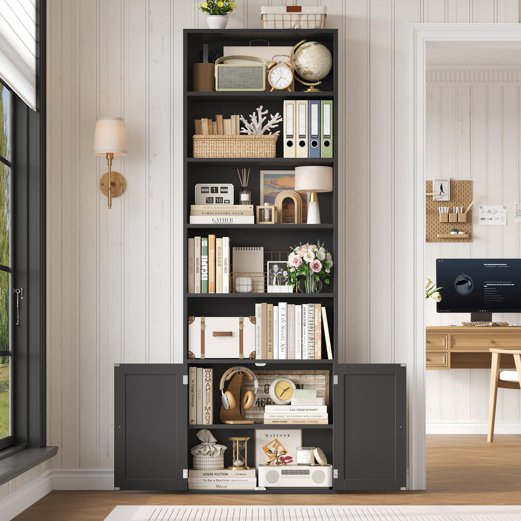 82" Tall Black Bookcase with Doors X830759