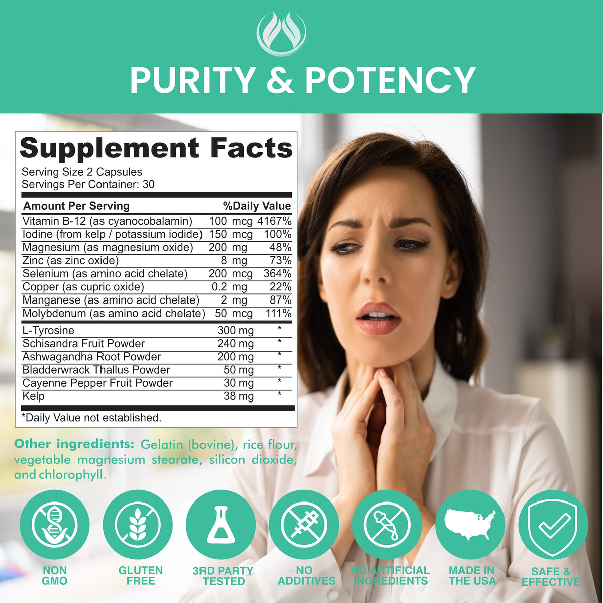 Thyroid Support Supplement with Iodine, Ashwagandha, Zinc, Selenium, Vitamin B12, Kelp, Magnesium, L Tyrosine C3116
