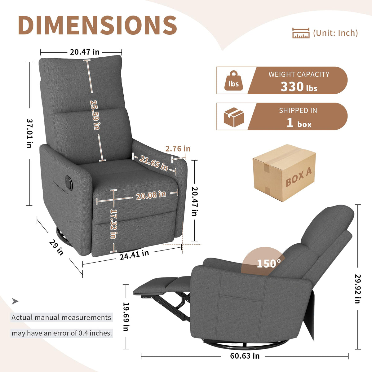 Dark Gray Swivel Rocker Recliner Chair C6452