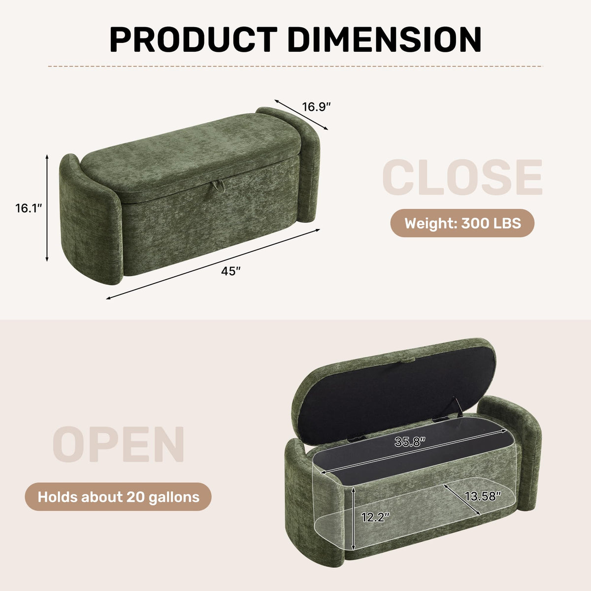 Green Chenille Upholstered Storage Ottoman Bench D664058