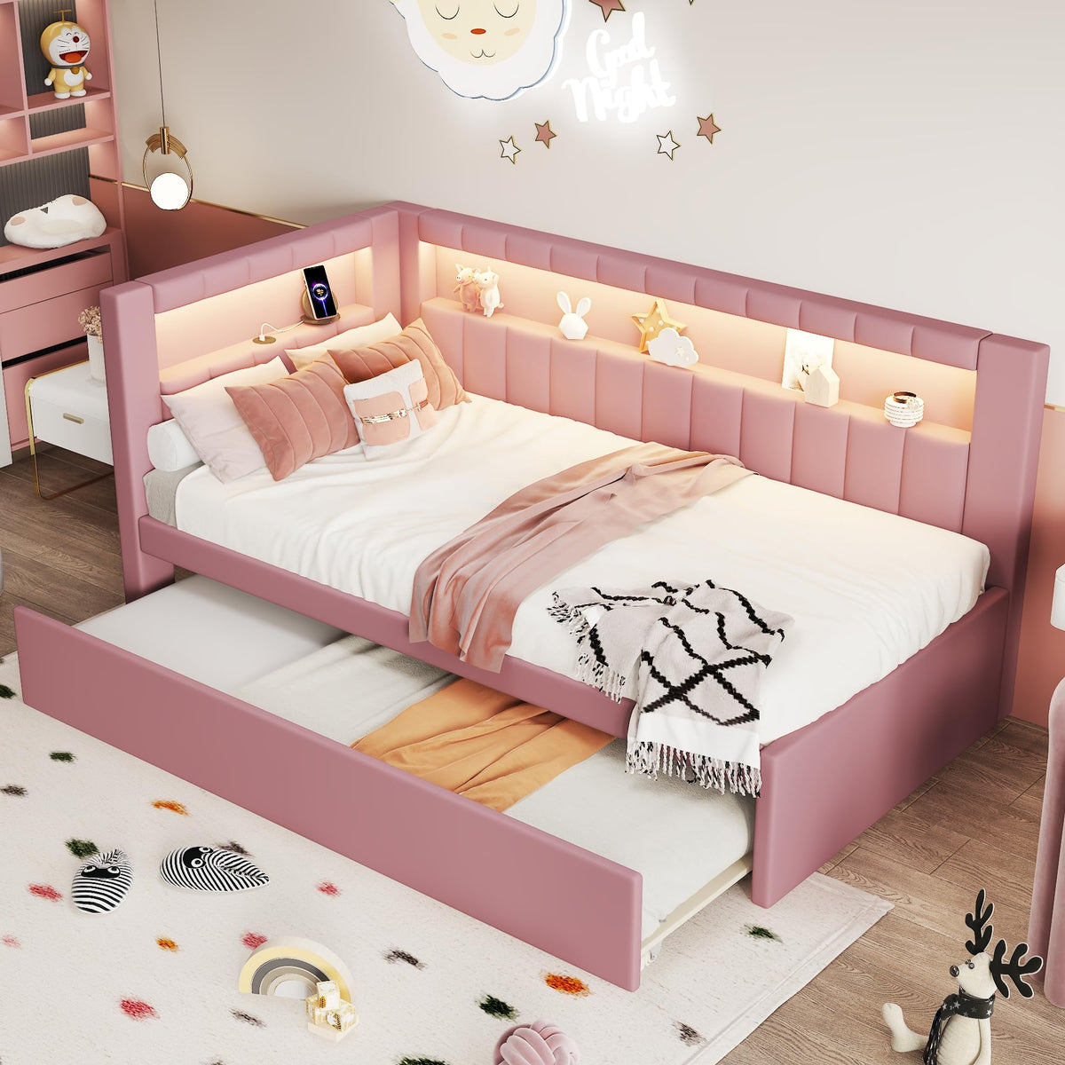 Twin Size Upholstered Platform Bed with Trundle and USB Ports H569762