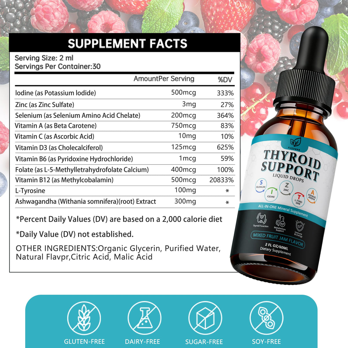 Liquid Thyroid Support Drops with Selenium Zinc Iodine L-Tyrosine Ashwagandha A611