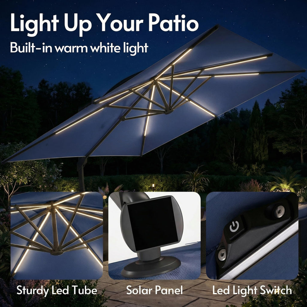 11x11ft Solar Powered Led Cantilever Umbrella with Base O892927