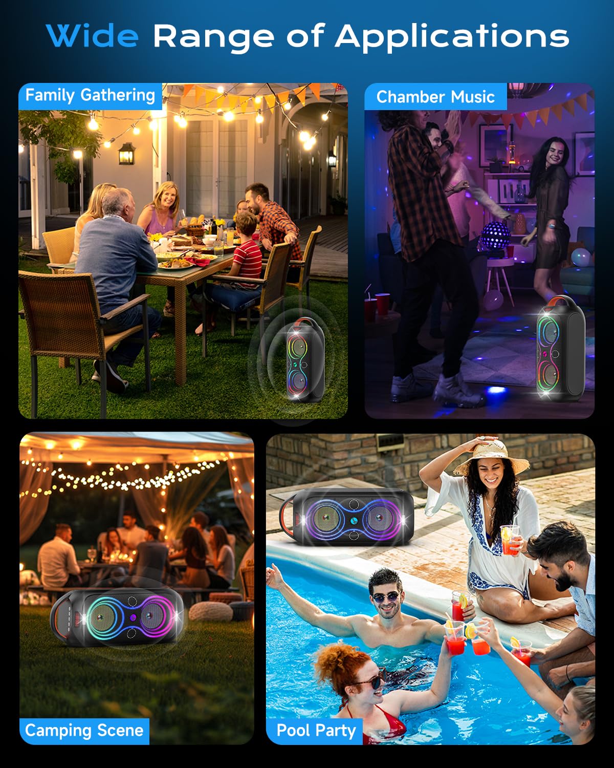 Party Bluetooth Speaker with Dual 4" Woofers, 60W Peak Power, 12H Playtime, Dynamic LED Lights, TWS, FM, AUX, USB, Mic Input, Portable Rechargeable Speaker for Indoor & Outdoor Events -Updated Version F26459