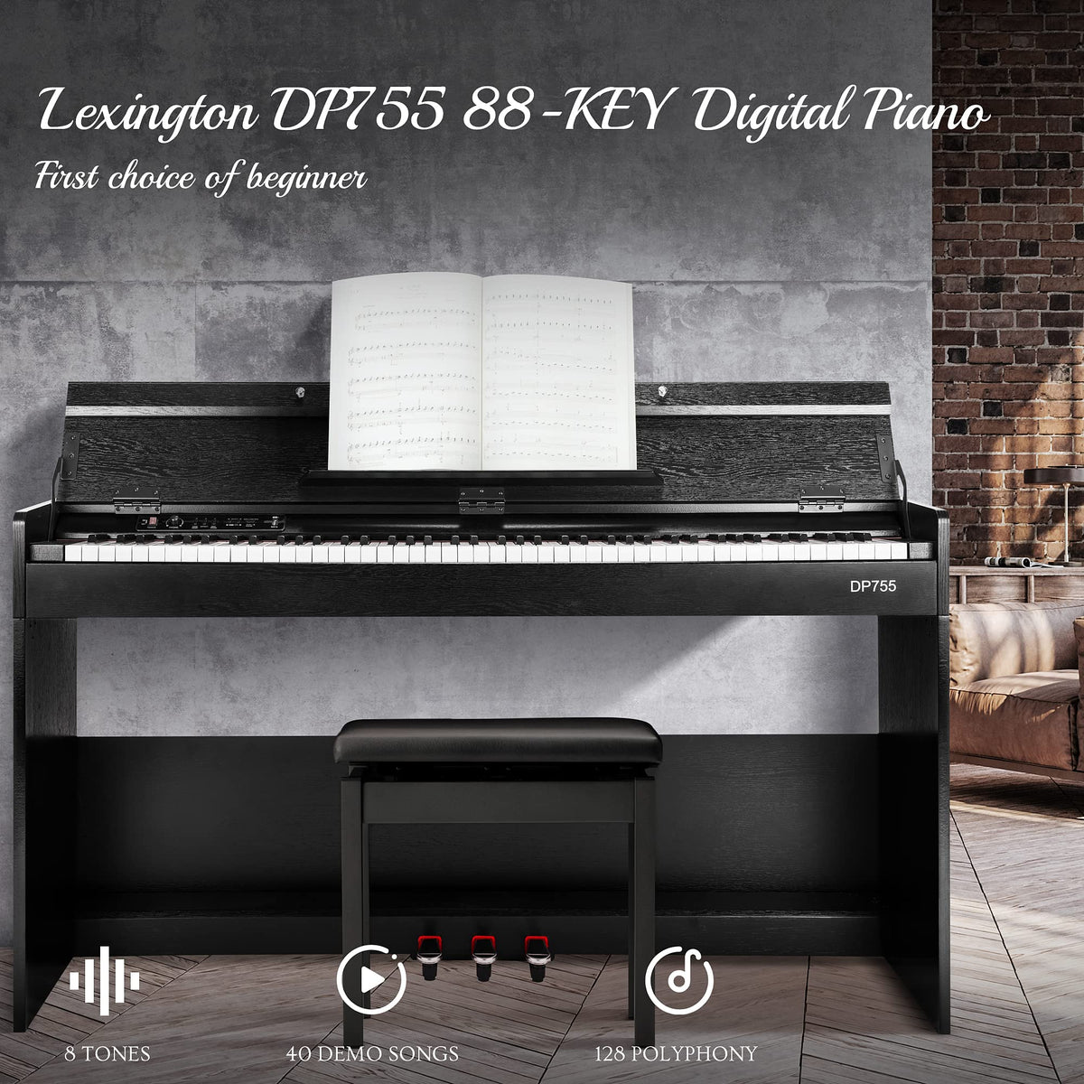 88 Keys Weighted Hammer Action Digital Piano with Stand, Pedals and Black F6504