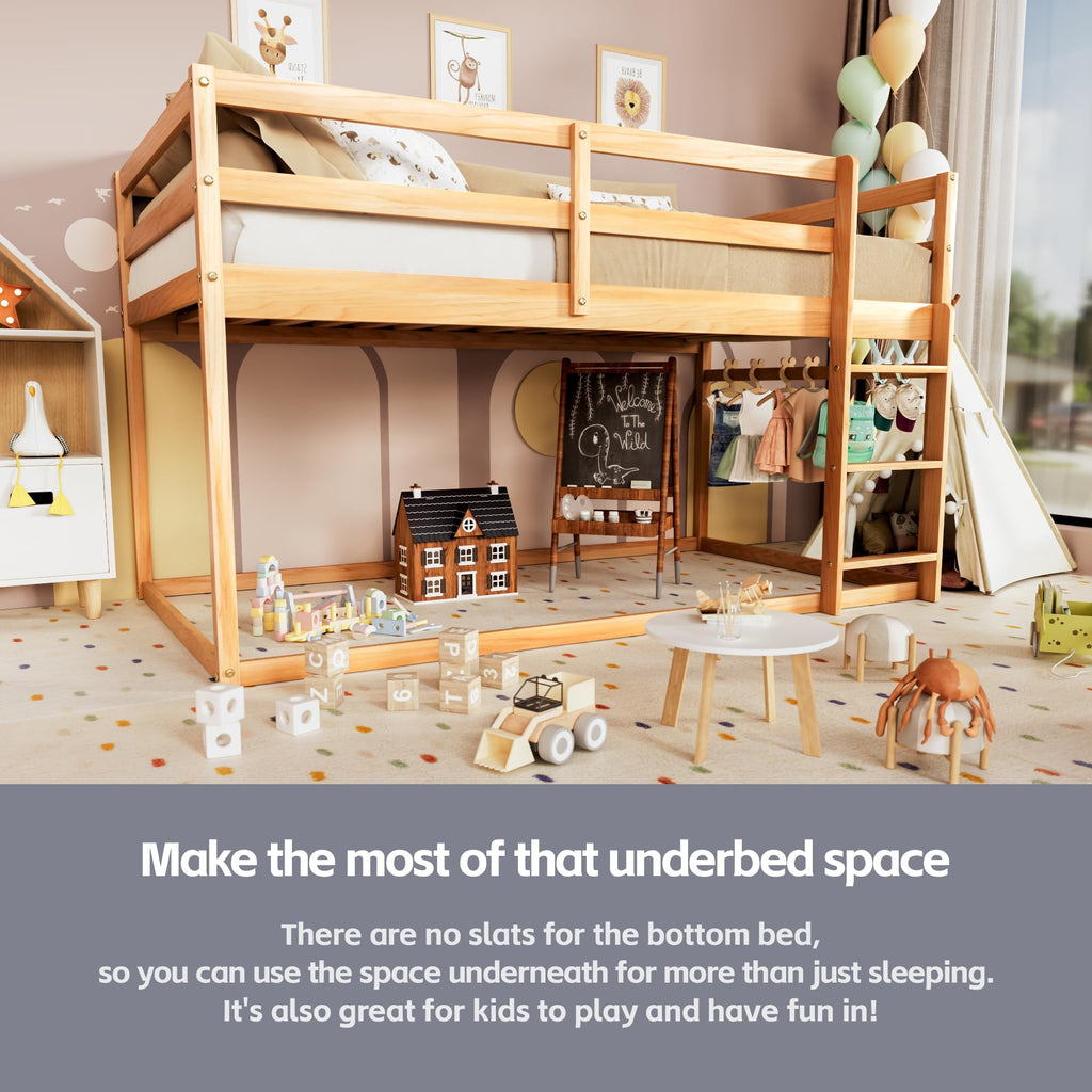 Twin Over Twin Low Bunk Bed with Ladder and Guardrails I8271
