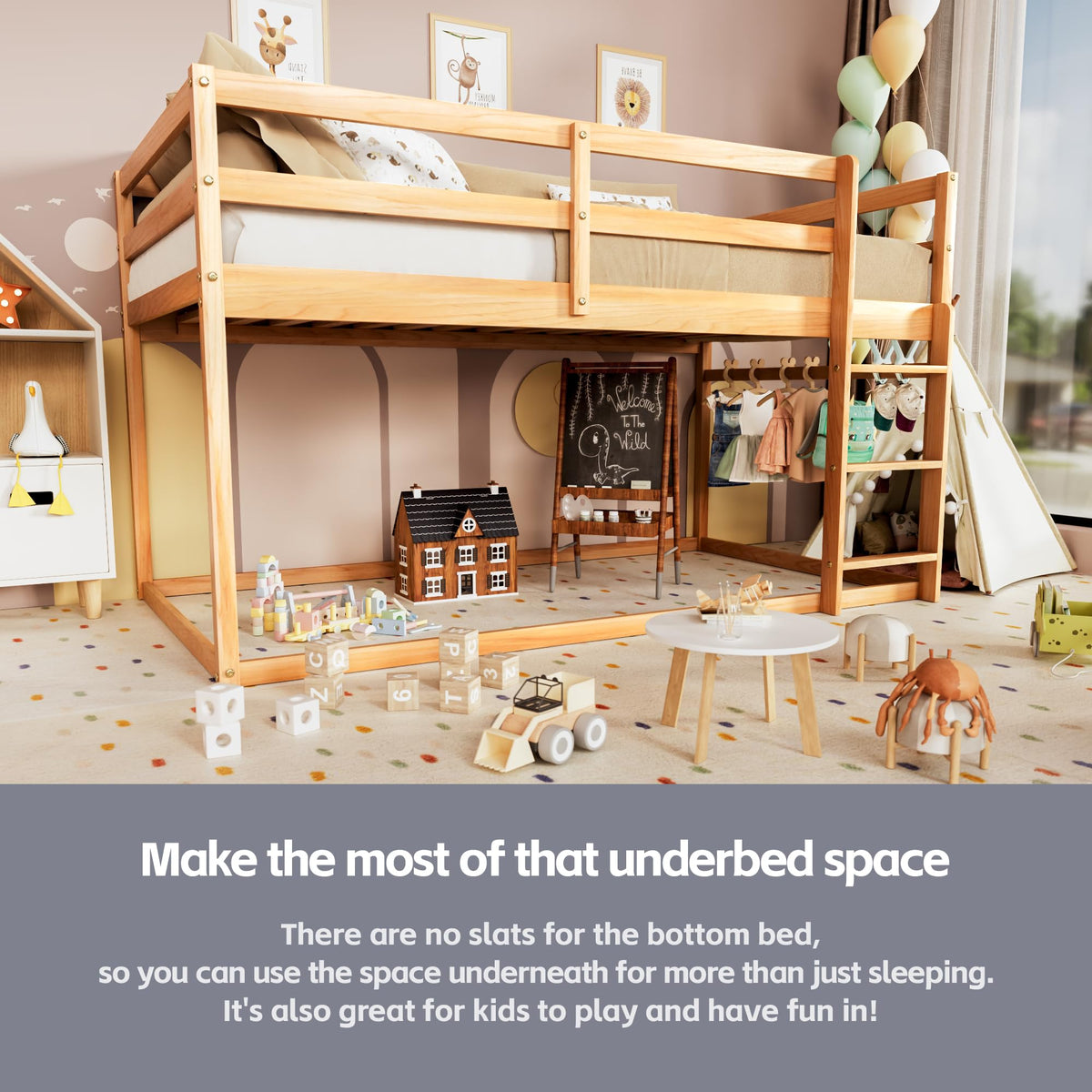 Twin Over Twin Low Bunk Bed with Ladder and Guardrails I8271