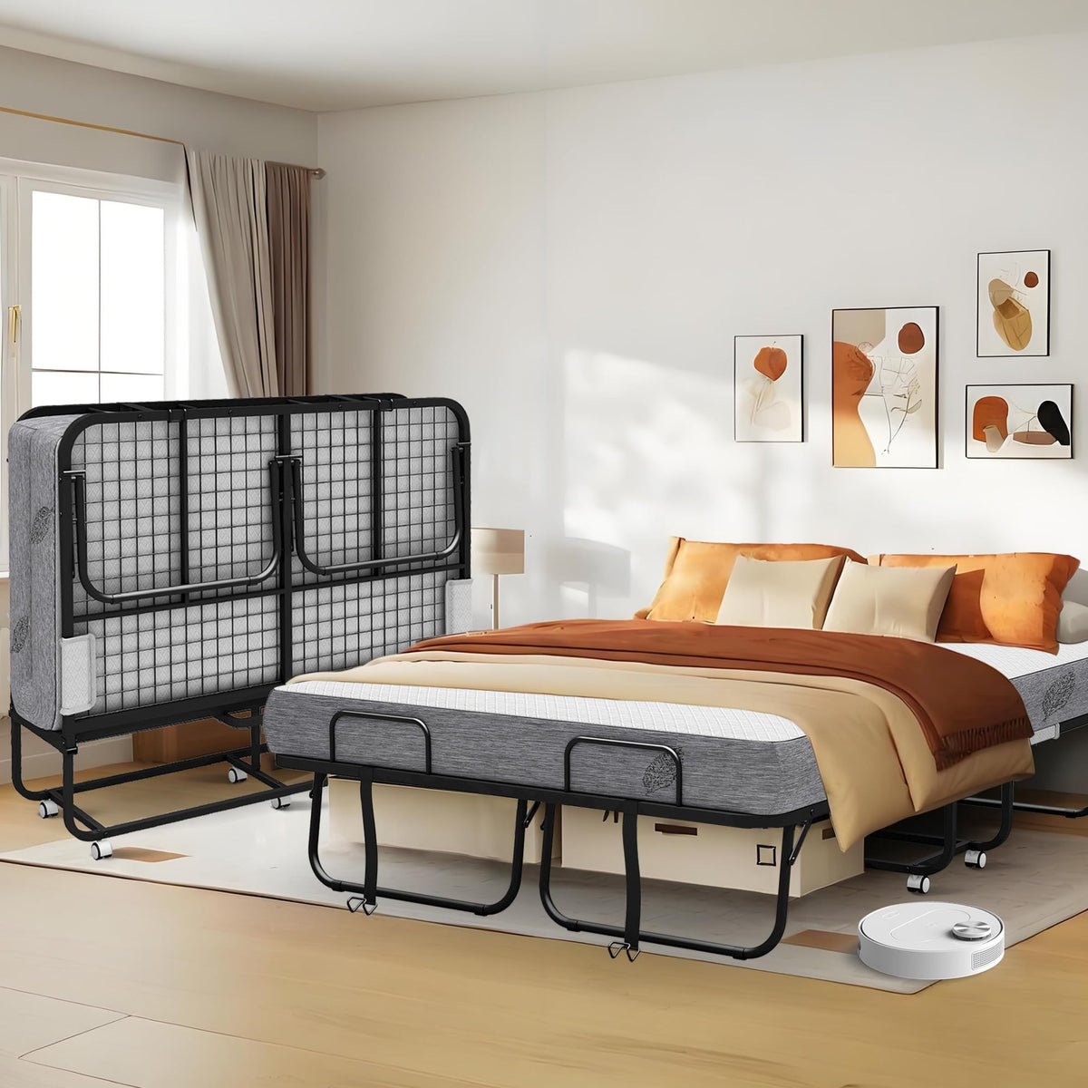 Folding Bed with Mattress Full Size 75 X 54 inch Memory Foam on Wheels R20959