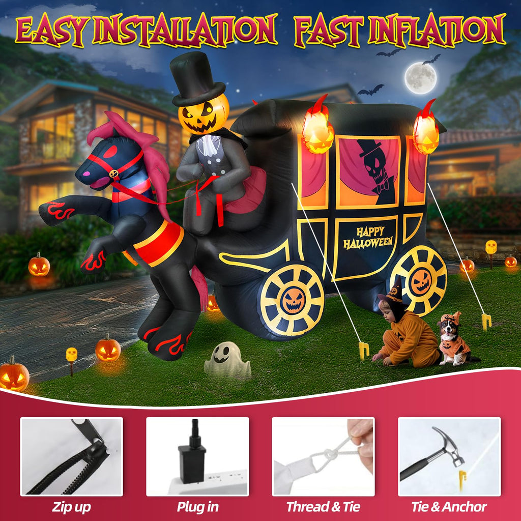 10FT Halloween Inflatable Pumpkin-Headed Horse Carriage with LED Light X4443