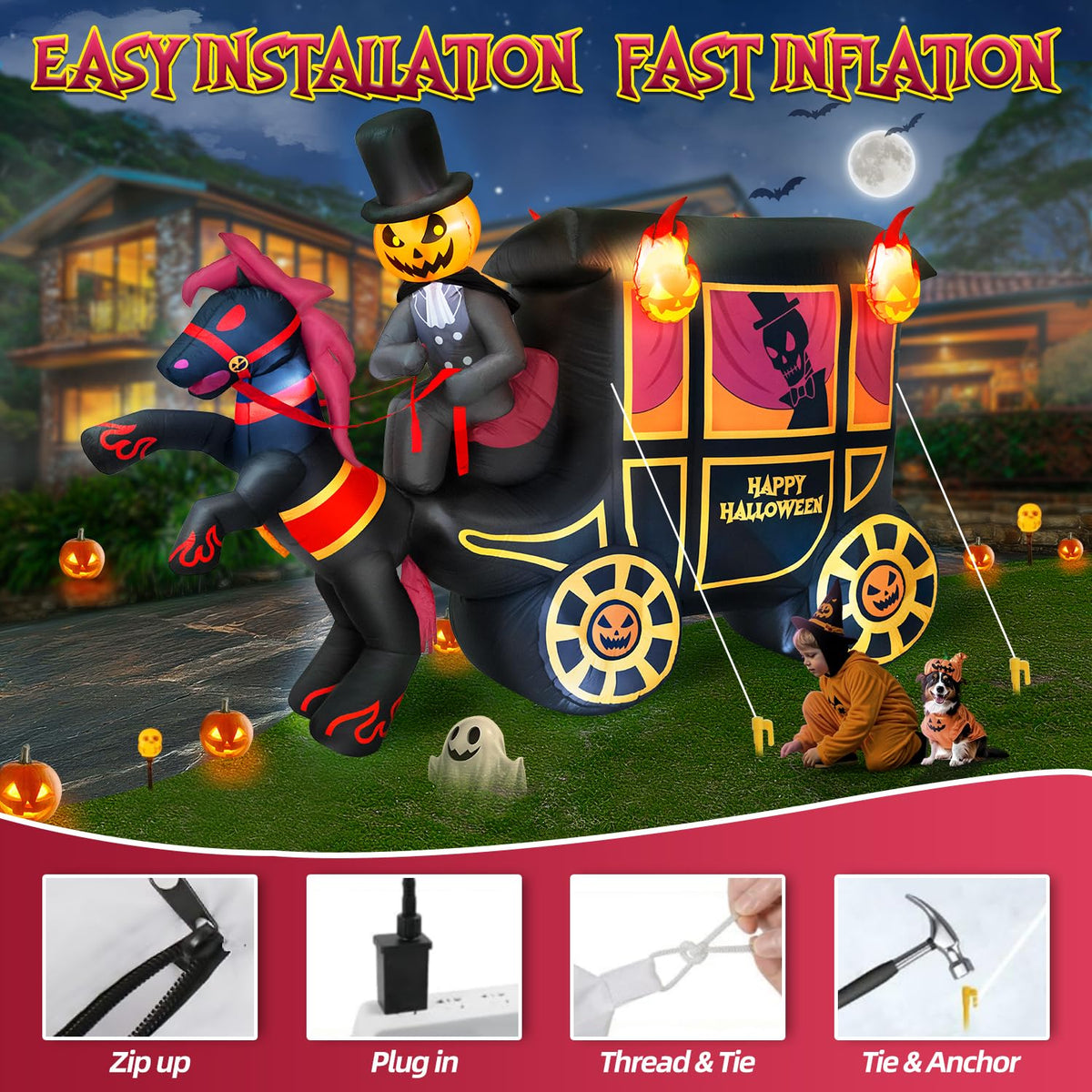 10FT Halloween Inflatable Pumpkin-Headed Horse Carriage with LED Light X4443