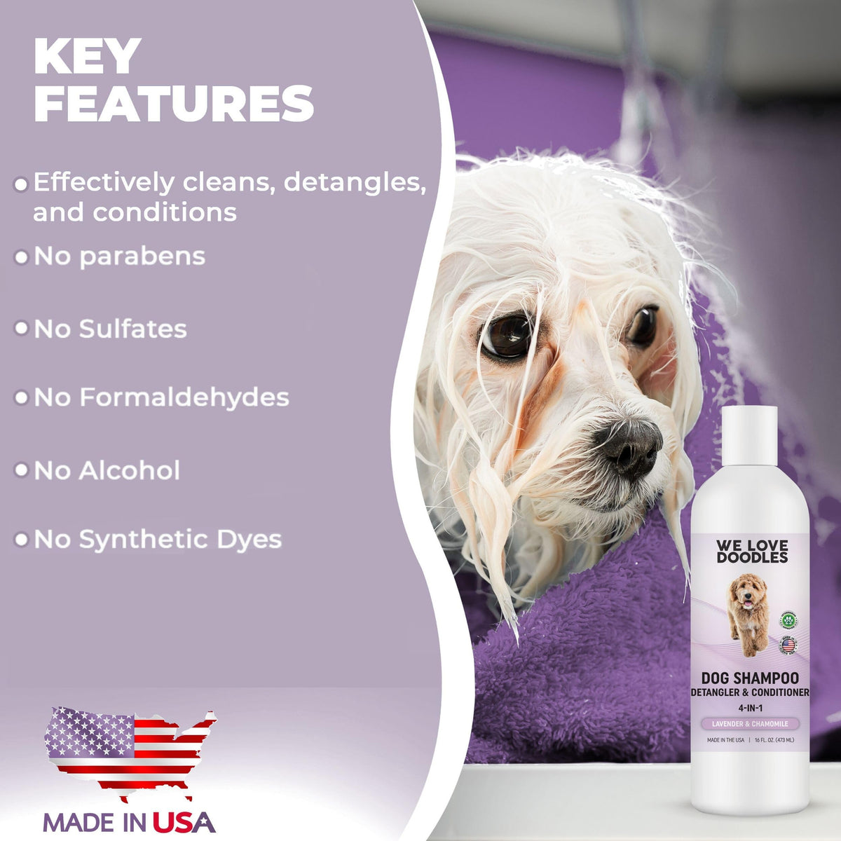 4-in-1 Dog Shampoo, Conditioner & Detangler, Lavender, 16 oz L32836