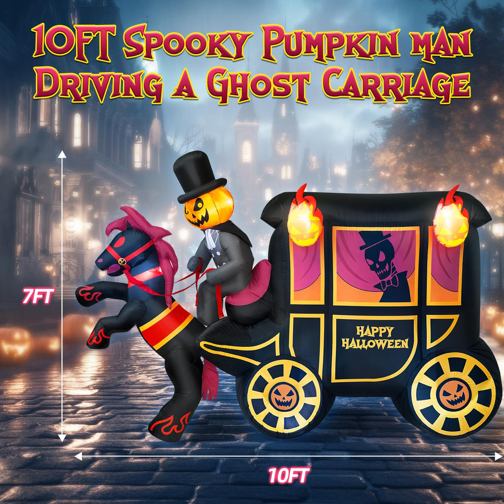 10FT Halloween Inflatable Pumpkin-Headed Horse Carriage with LED Light X4443